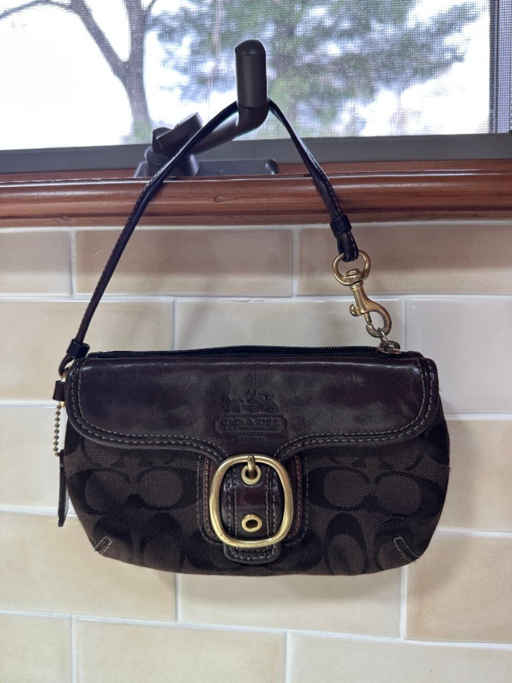 Coach Signature Jacquard Wristlet Chocolate Brown Y2K Mini Bag EUC